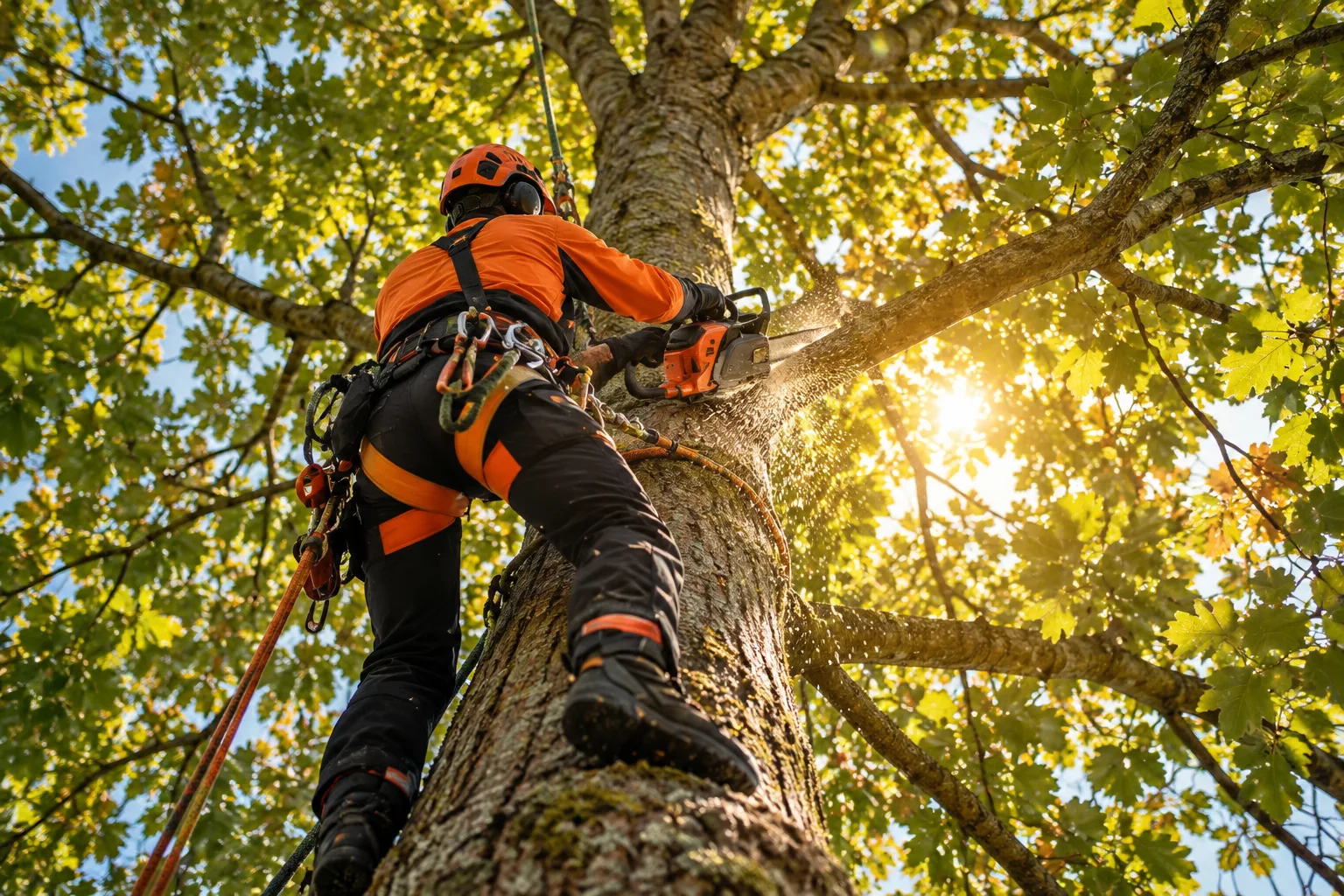 Tree surgeon reducing branches in a mature tree